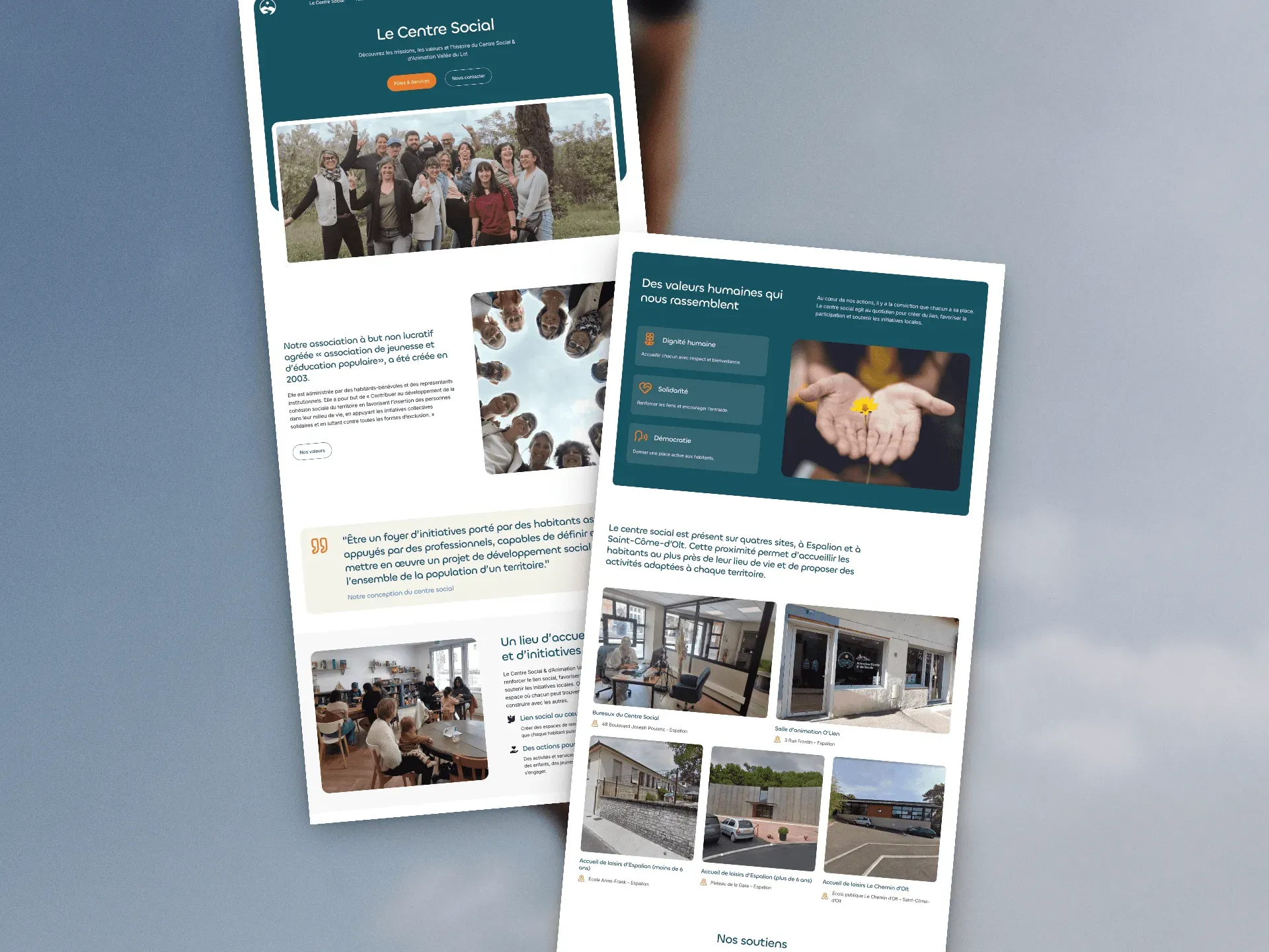 Pages de présentation du Centre Social et de ses activités, avec photos et informations pratiques.