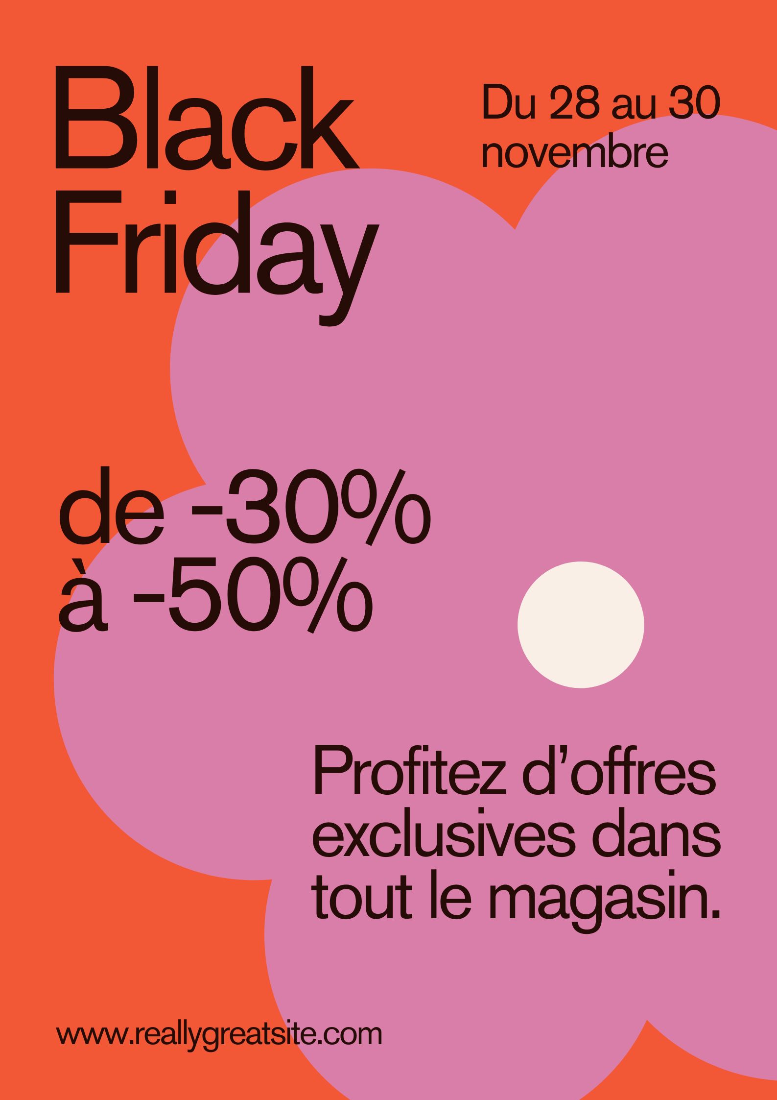 Affiche Black Friday orange et rose, avec une grande fleur et des lettres noires.