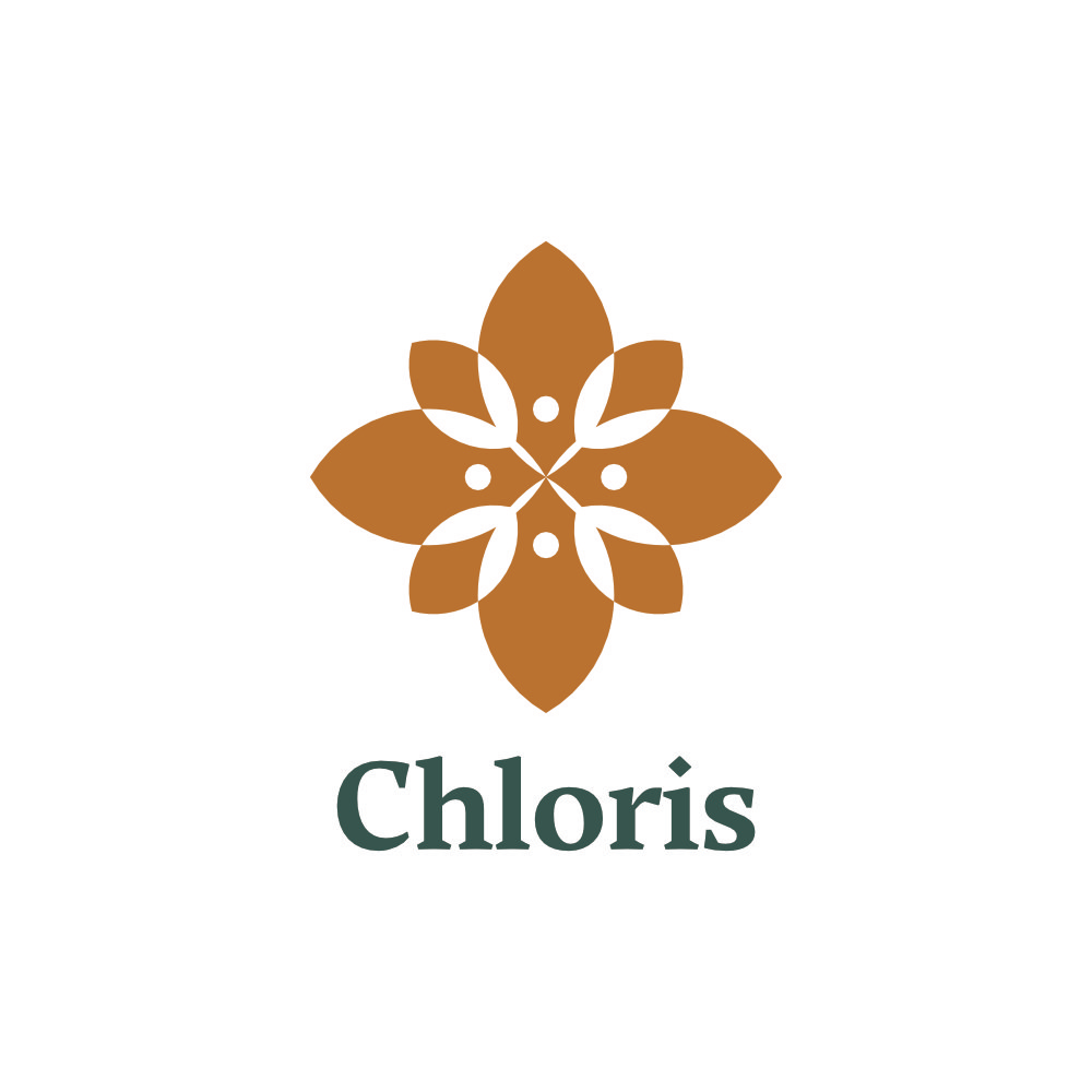 Logo Chloris avec un motif floral orange et un nom vert foncé.