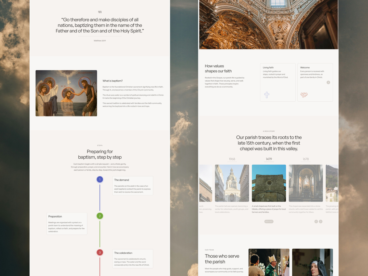 Maquettes du template Faith : pages sur le baptême et la vie de la paroisse, sur un fond de ciel nuageux.