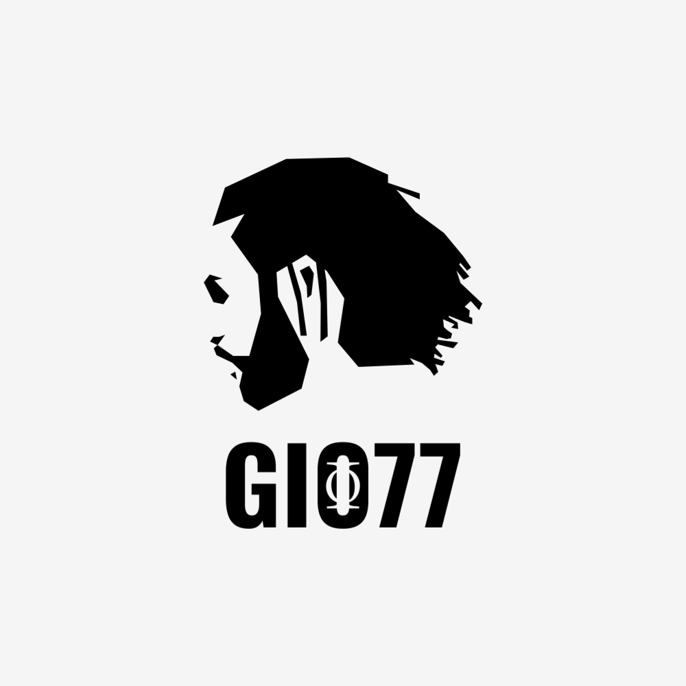 Logo GIO77 : visage géométrique et lettrage noirs sur fond clair.