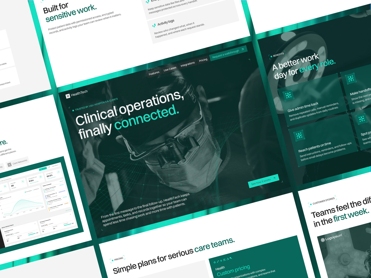 Maquettes du template HealthTech, avec une identité vert turquoise et un tableau de bord.