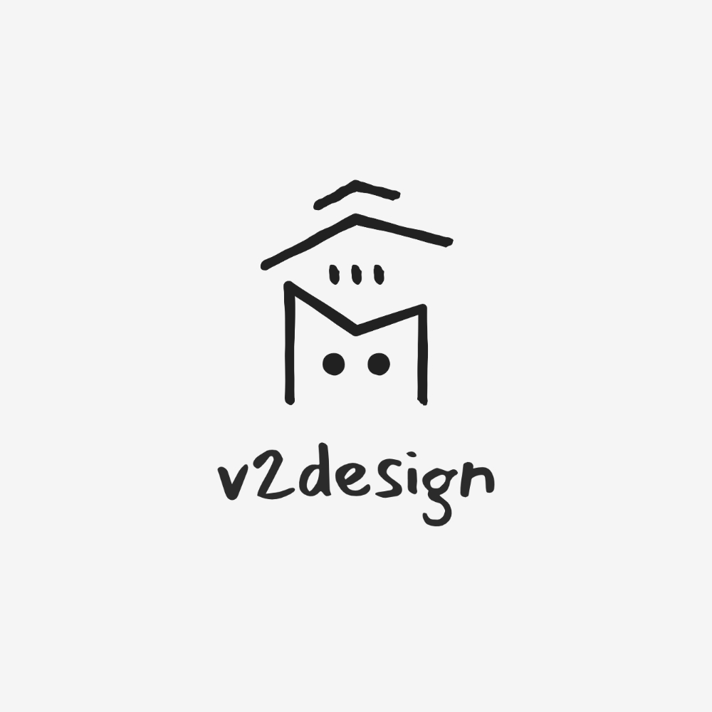 Logo v2design dessiné à main levée, avec un symbole de maison et un lettrage noir.