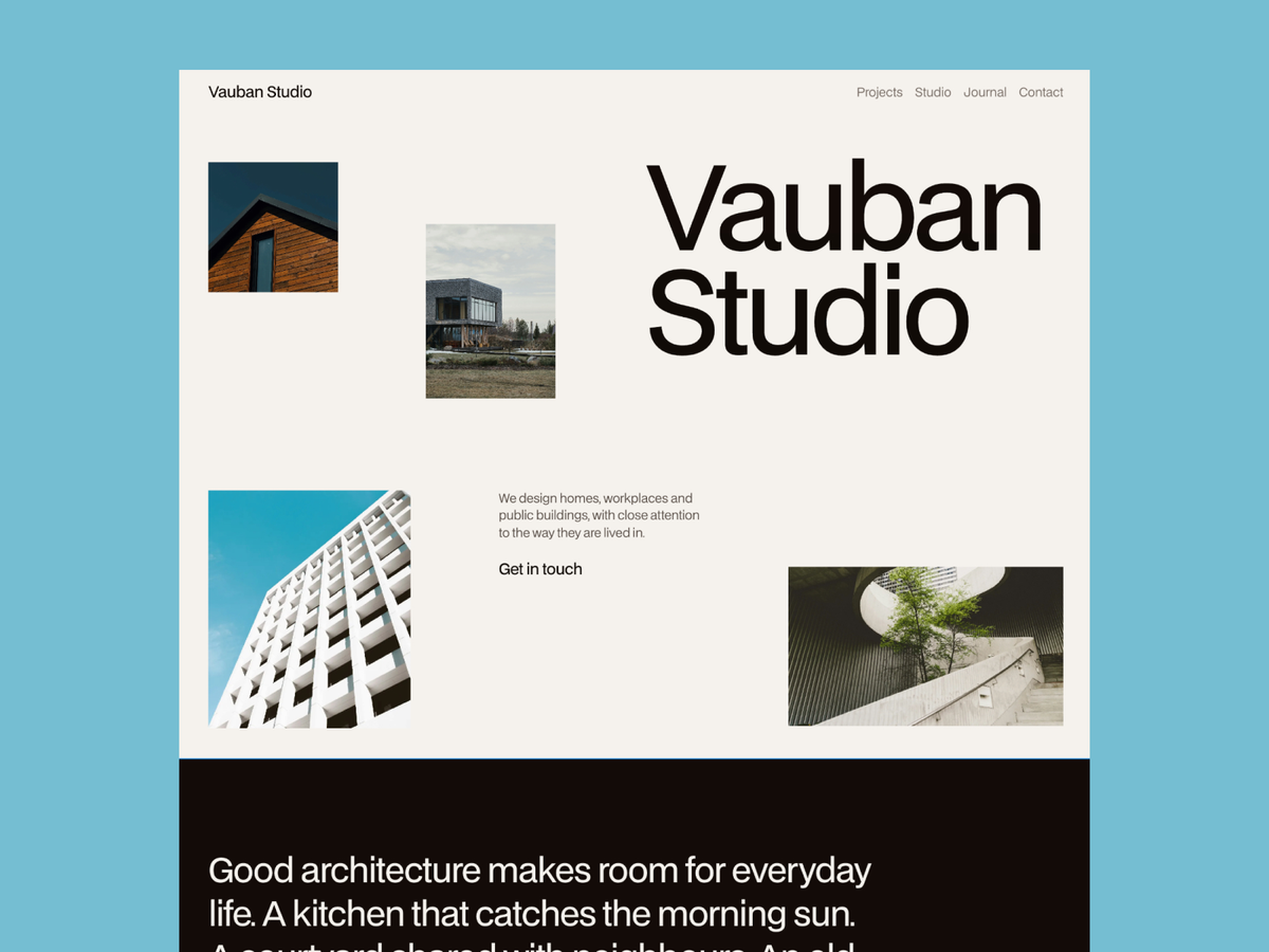 Page d’accueil du template Vauban, avec une grande typographie et des photographies d’architecture.