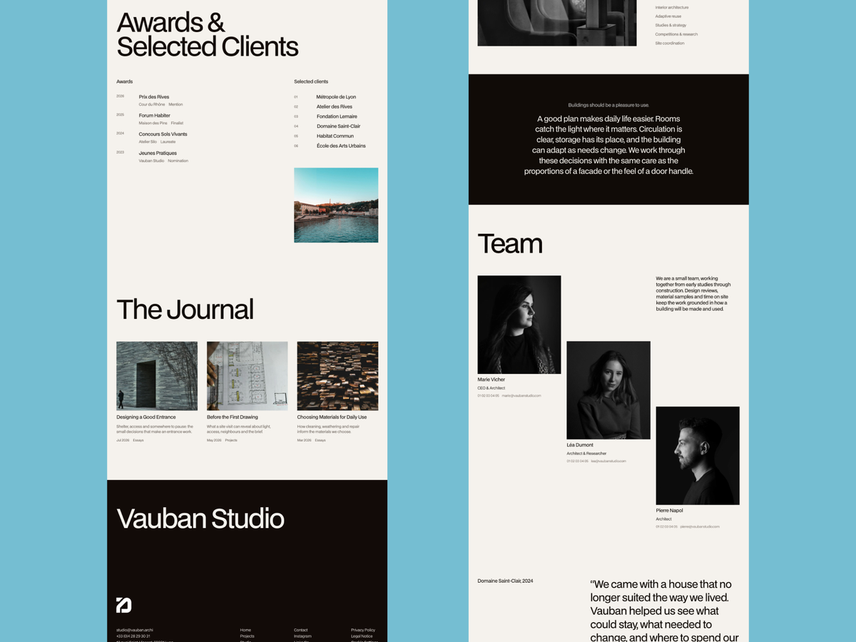 Pages du template Vauban présentant le studio, son équipe et son journal.