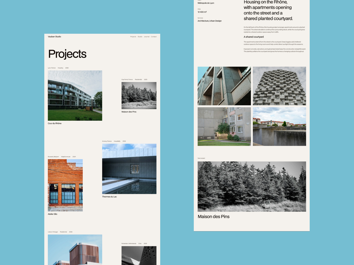 Pages de projets du template Vauban, avec des photographies de bâtiments et des descriptions.